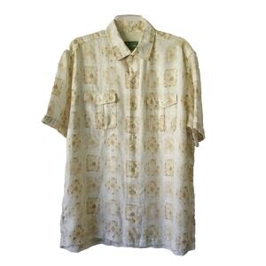 Tommy Bahama Shirt Men's Large Linen Button Up Flap Pocket Aloha Geometric Print